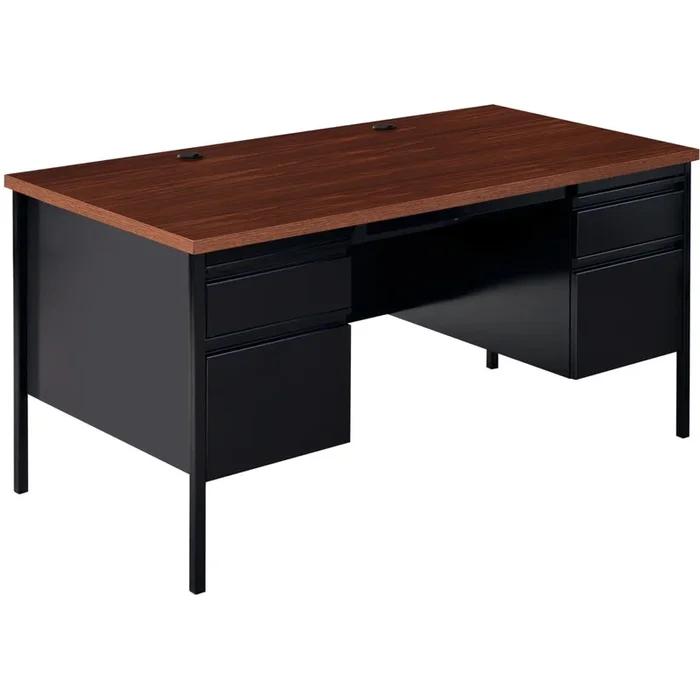 Lorell Fortress Series Double-Pedestal Desk – For – Table TopRectangle Top x 60″ Table Top Width x 30″ Table Top Depth x 1.12″ Table Top Thickness – 29.50″ Height – Assembly Required – Black Walnut, Laminated, Walnut – Steel – 1 Each