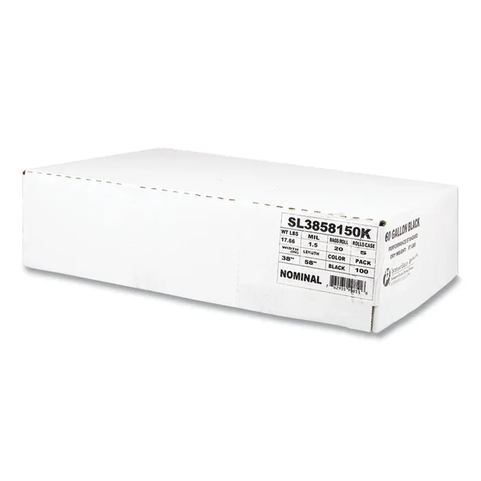 Low-Density Commercial Can Liners, 60 gal, 1.5 mil, 38 x 58 , Black, Interleaved Roll, 20 Bags/Roll, 5 Rolls/Carton