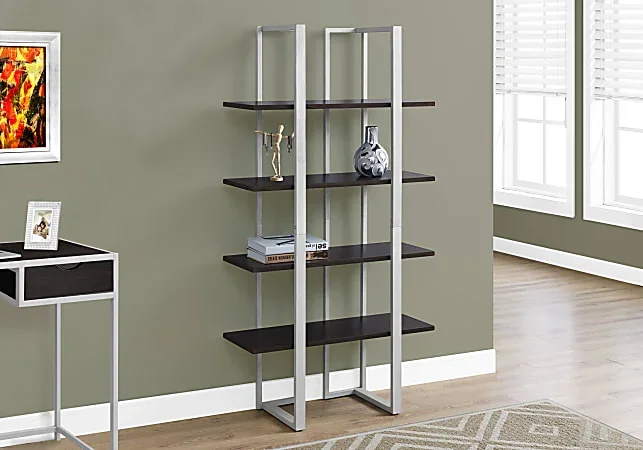 Monarch Specialties 60″H 4-Shelf Metal Bookcase, Cappuccino/Silver