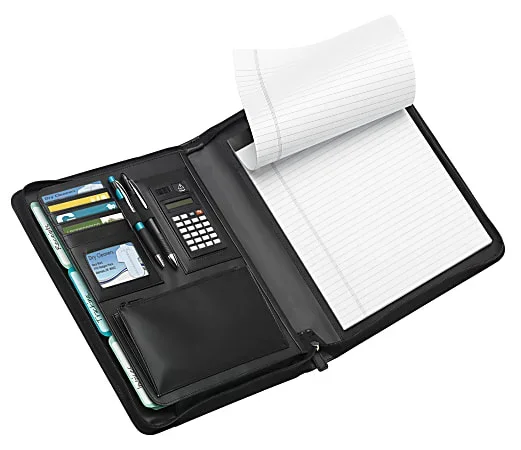 Office Depot® Brand Leather Padfolio, Zipper Closure, Black