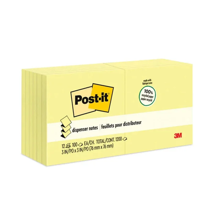 Original Recycled Pop-up Notes, 3″ x 3″, Canary Yellow, 100 Sheets/Pad, 12 Pads/Pack