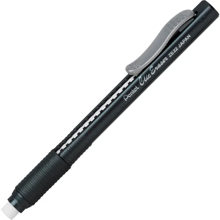 Pentel Rubber Grip Clic Eraser – Black – Black – Pen – Refillable – 12 / Box – Retractable, Latex-free Grip, Ghost Resistant, Pocket Clip