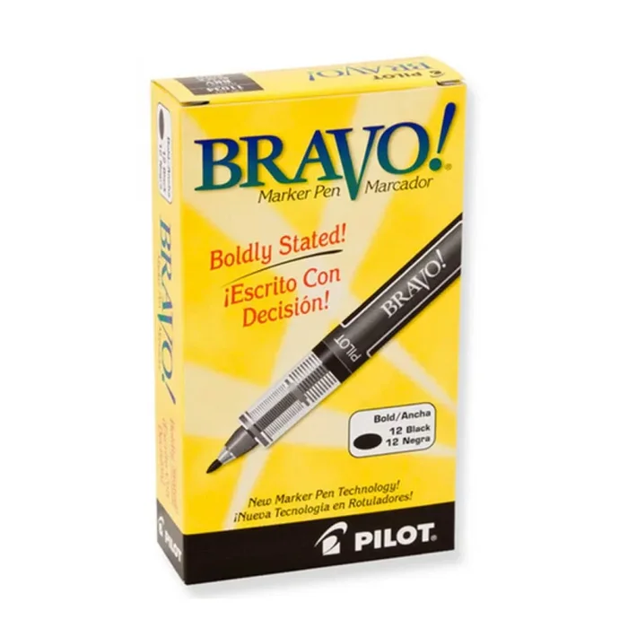 Pilot Bravo Liquid Ink Marker Pen in Black – Bold Point – Pack of 12