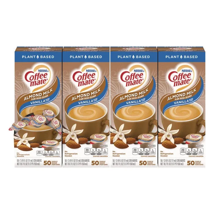 Plant-Based Almond Milk Non-Dairy Liquid Creamer Singles, Natural Vanilla, 0.38 oz Tubs, 200/Carton