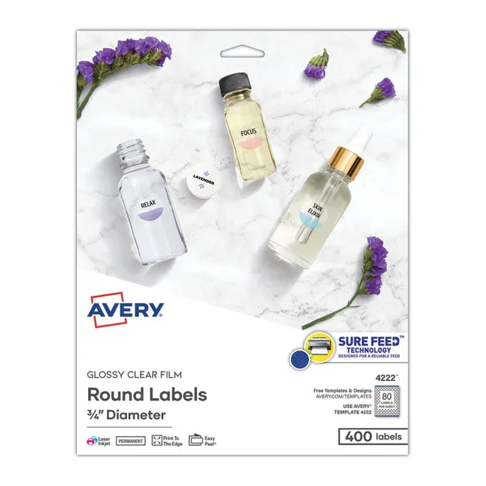 Printable Self-Adhesive Permanent ID Labels w/Sure Feed, 0.75″ dia, Clear, 400/PK