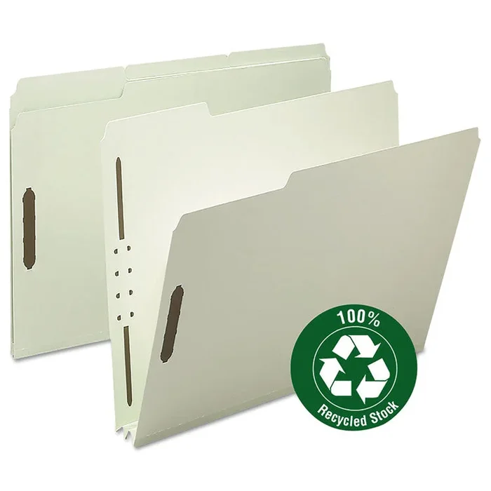 Recycled Pressboard Fastener Folders, 2″ Expansion, 2 Fasteners, Letter Size, Gray-Green Exterior, 25/Box