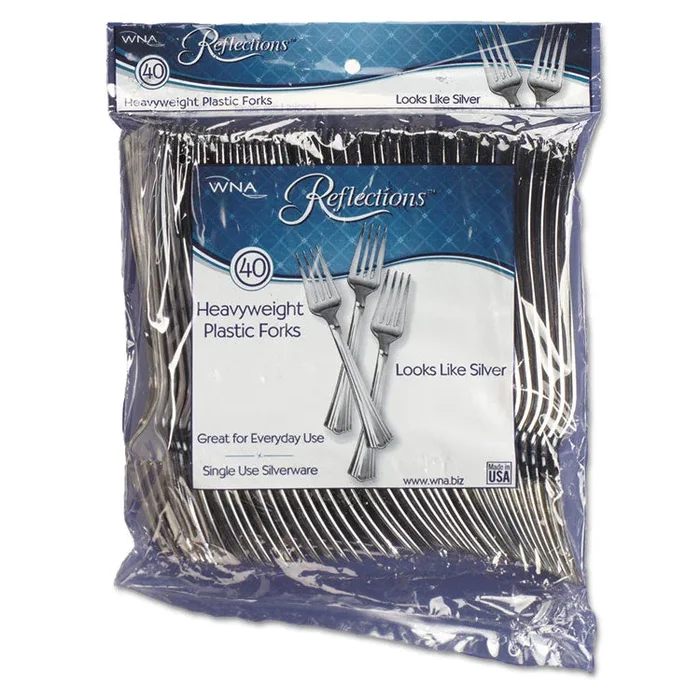 Reflections Heavyweight Plastic Utensils, Fork, Silver, 7″, 40/Pack, 8 Packs/Carton