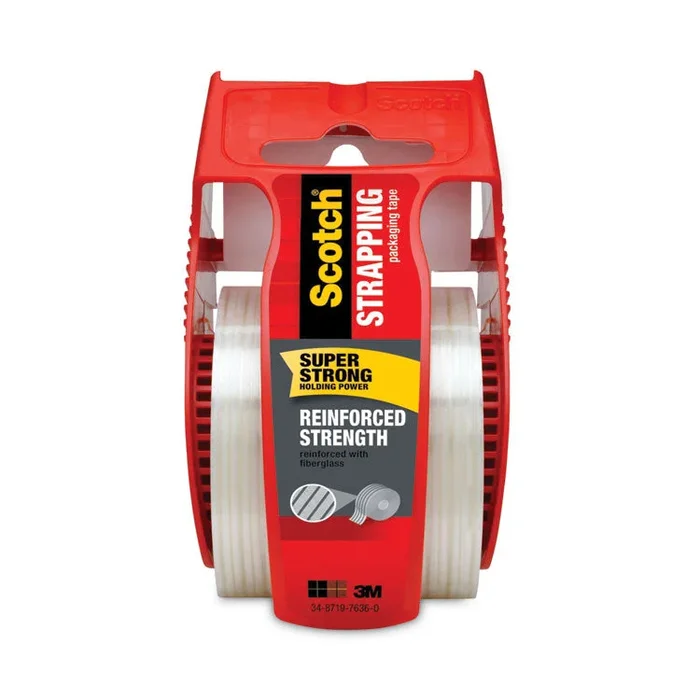 Reinforced Strength Shipping and Strapping Tape in Dispenser, 1.5″ Core, 1.88″ x 10 yds, Clear