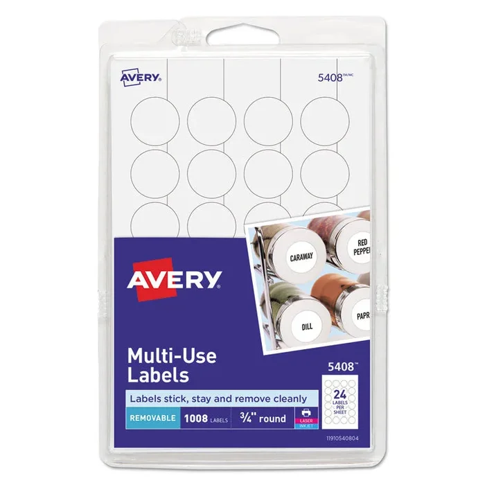 Removable Multi-Use Labels, Inkjet/Laser Printers, 0.75″ dia, White, 24/Sheet, 42 Sheets/Pack, (5408)
