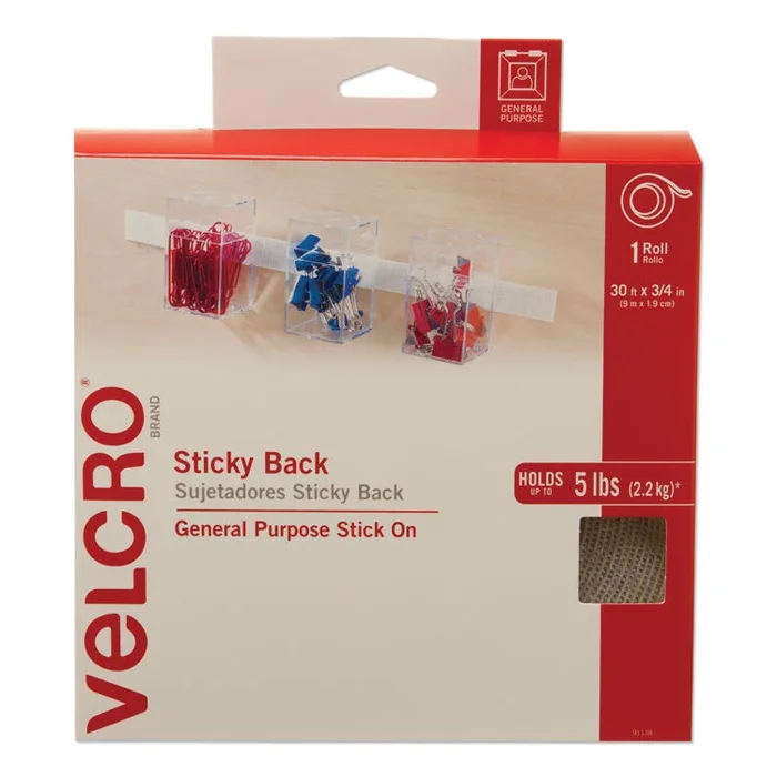 Sticky-Back Fasteners, Removable Adhesive, 0.75″ x 30 ft, White
