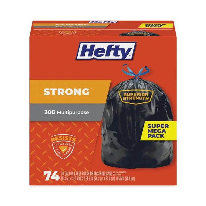 Strong Multipurpose Drawstring Trash Bags, 30 gal, 1.1 mil, 30 x 33 , Black, 74/Box