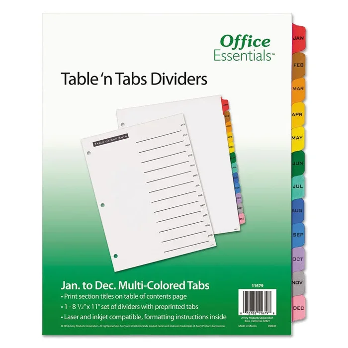 Table ‘n Tabs Dividers, 12-Tab, Jan. to Dec., 11 x 8.5, White, 1 Set