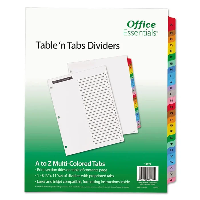 Table n Tabs Dividers, 26-Tab, A to Z, 11 x 8.5, White, Assorted Tabs, 1 Set