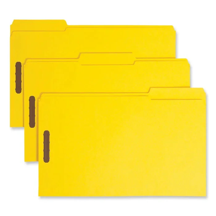 Top Tab Colored Fastener Folders, 0.75″ Expansion, 2 Fasteners, Legal Size, Yellow Exterior, 50/Box