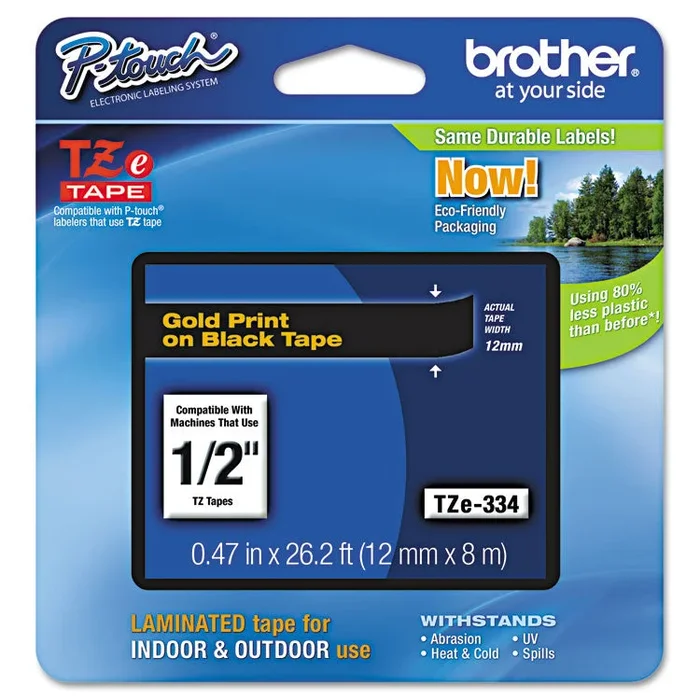 TZe Standard Adhesive Laminated Labeling Tape, 0.47″ x 26.2 ft, Gold on Black