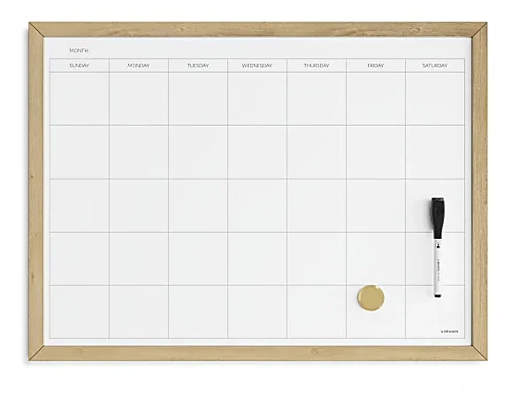 U Brands® Magnetic Dry-Erase Calendar Board, 23″ x 17″, White Steel Surface, Oak Wood Frame
