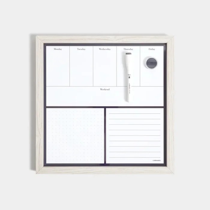 U Brands Rustic White Frame Dry Erase Weekly Planner Board White