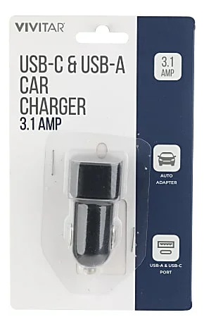 Vivitar USB-C And USB-A Car Charger, Black, NIL6003-BLK-STK-24