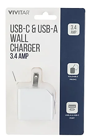 Vivitar USB-C And USB-A Wall Charger, White, NIL6004-WHT-STK-24