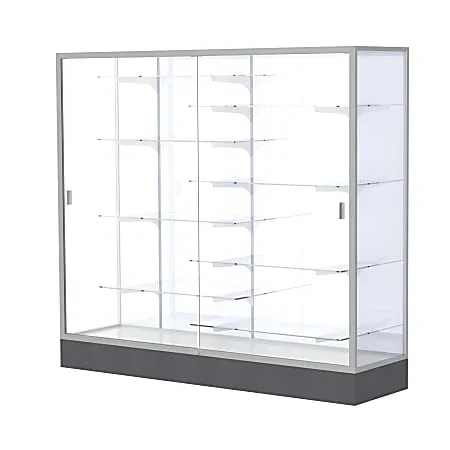 Waddell Colossus 8-Shelf Floor Display Case, 66″H x 72″W x 20″D, White Back/Satin Finish