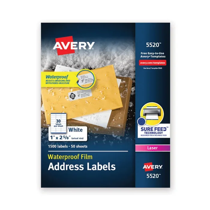 Waterproof Address Labels with TrueBlock and Sure Feed, Laser Printers, 1 x 2.63, White, 30/Sheet, 50 Sheets/Pack