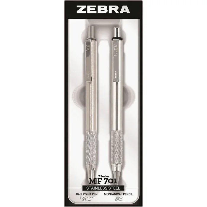 Zebra STEEL 7 Series M/F 701 Mechanical Pencil & Ballpoint Pen Set – 0.7 mm Pen Point Size – 0.7 mm Lead Size – Refillable – Stainless Steel – 2 / Set